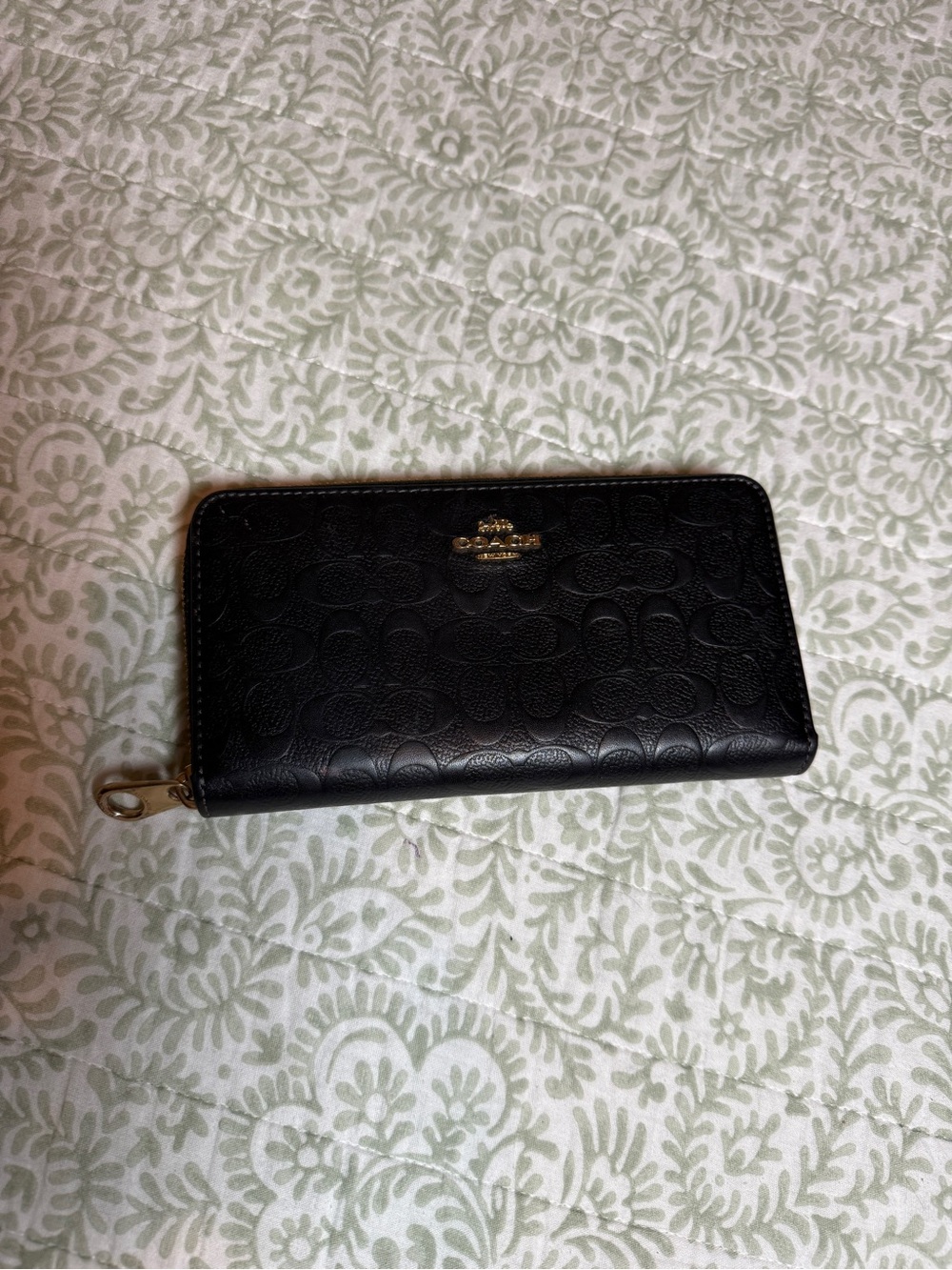 Coach Black Signature Embossed Zip Wallet with Gold Logo